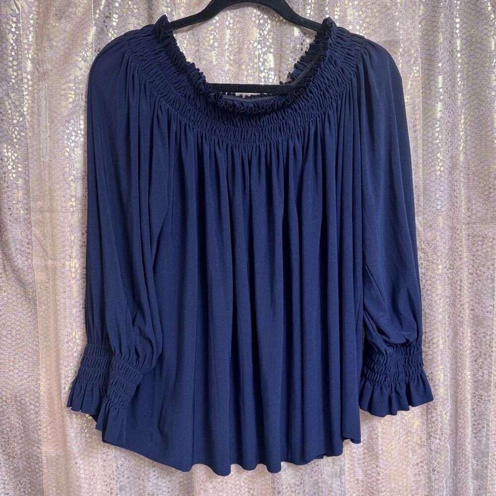 Norma Kamali Midnight Black Low Shoulder Peasant Smocked Top Large